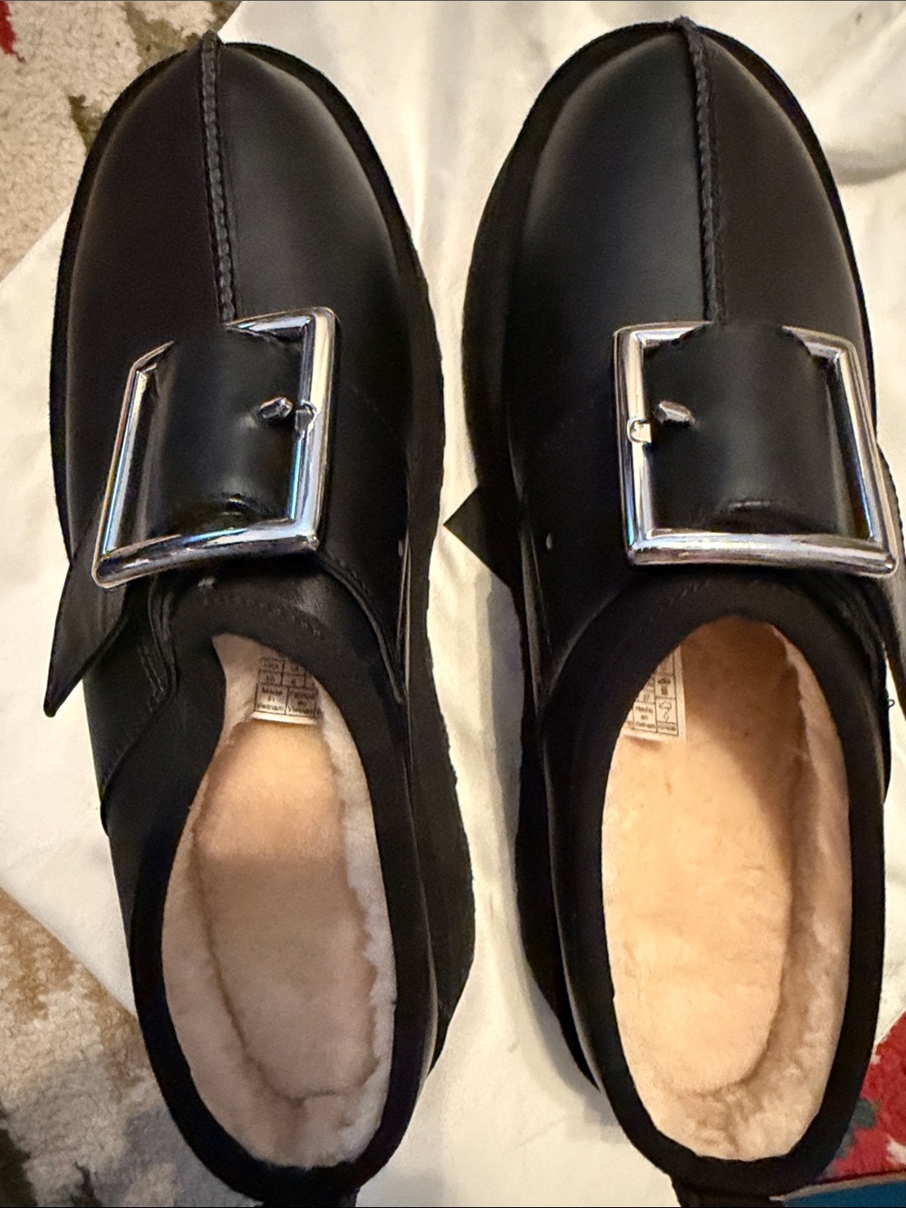 UGG Black Leather Platform Slip-On Shoes with Buckle - Picture 2 of 7
